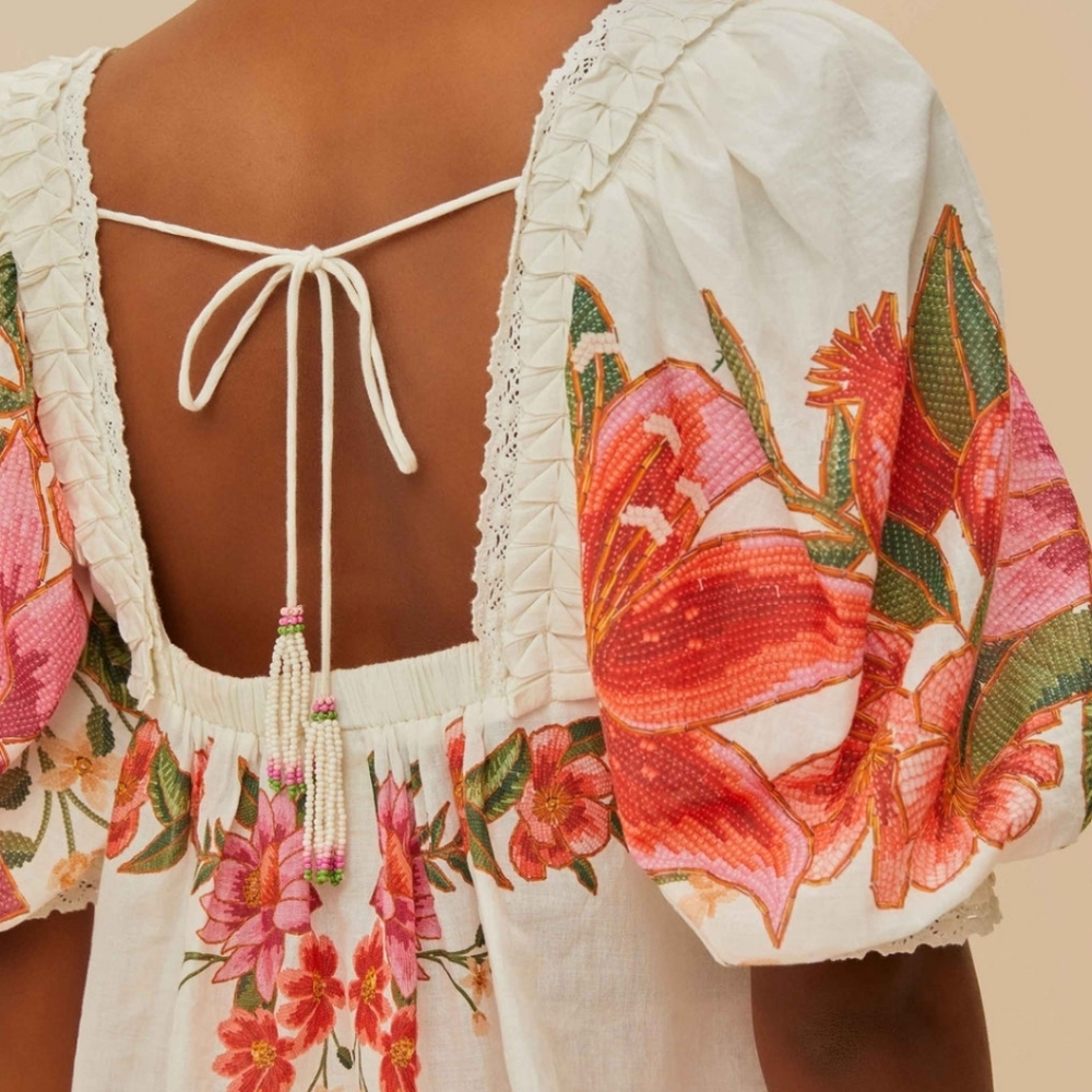 FARM Rio White Peasant Blouse with Pink & Red Floral Embroidery - Picture 5 of 10